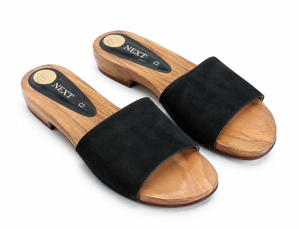 Next Wooden Slide Sandals Black Suede Natural Wood Sole 9.5 Clog Minimalist Boho